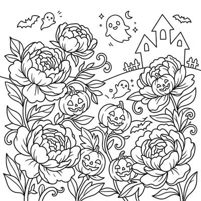 Discover a delightfully eerie fusion of nature and holiday spirit with this Halloween Garden Peonies coloring page. Perfect for those who love intricate floral designs mixed with a touch of spooky charm, ready for your creative color palette.