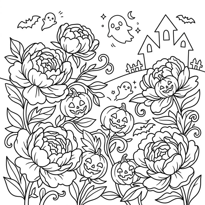 Discover a delightfully eerie fusion of nature and holiday spirit with this Halloween Garden Peonies coloring page. Perfect for those who love intricate floral designs mixed with a touch of spooky charm, ready for your creative color palette.