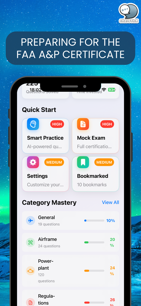 FAA A&P PowerPrep App-Dashboard mit Lernfortschritt und Prüfkategorien
