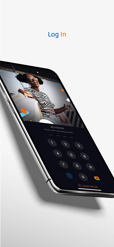 Écran de connexion sécurisé pour l'application bancaire mobile NMB Mkononi, doté d'un pavé numérique pour la saisie du code PIN et d'une authentification biométrique.
