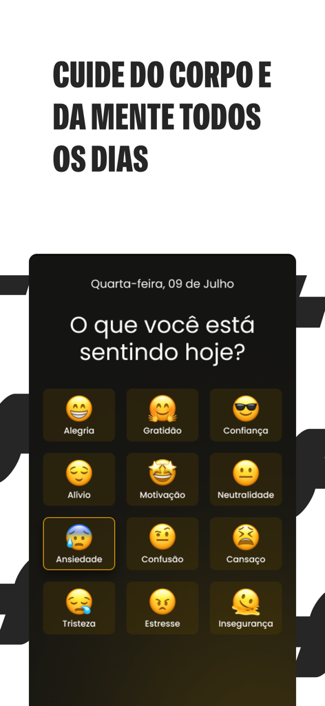 Bitt+ - Interface do app Bitt plus apresentando um rastreador de humor diário com várias opções de emojis para bem-estar emocional.