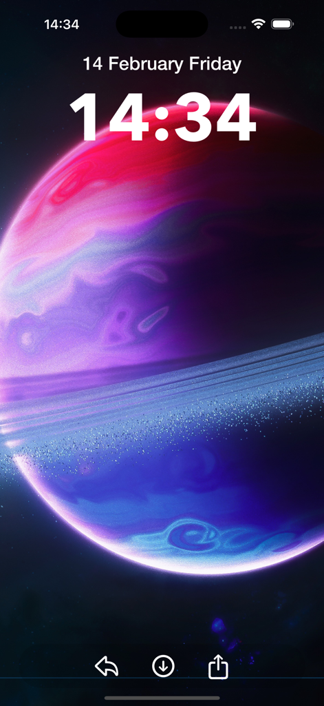 Walpium: Live Wallpapers 4K HD - Walpiumアプリ内のiPhoneロック画面上の、リングを備えた鮮やかな4K惑星の壁紙。