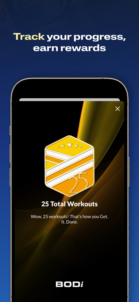 Écran de l'application mobile BODi affichant un badge d'étape franchie pour 25 entraînements terminés