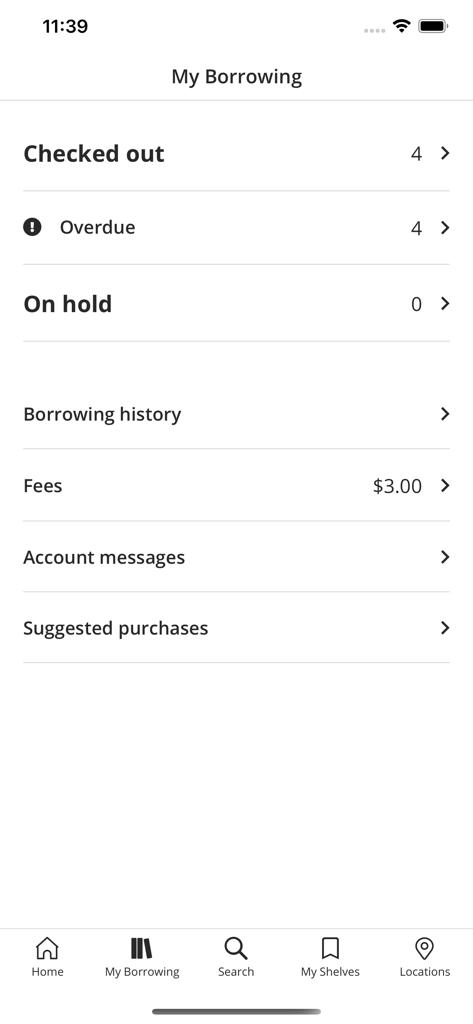 The My Borrowing dashboard in the Surrey Libraries app showing items checked out overdue status and fees