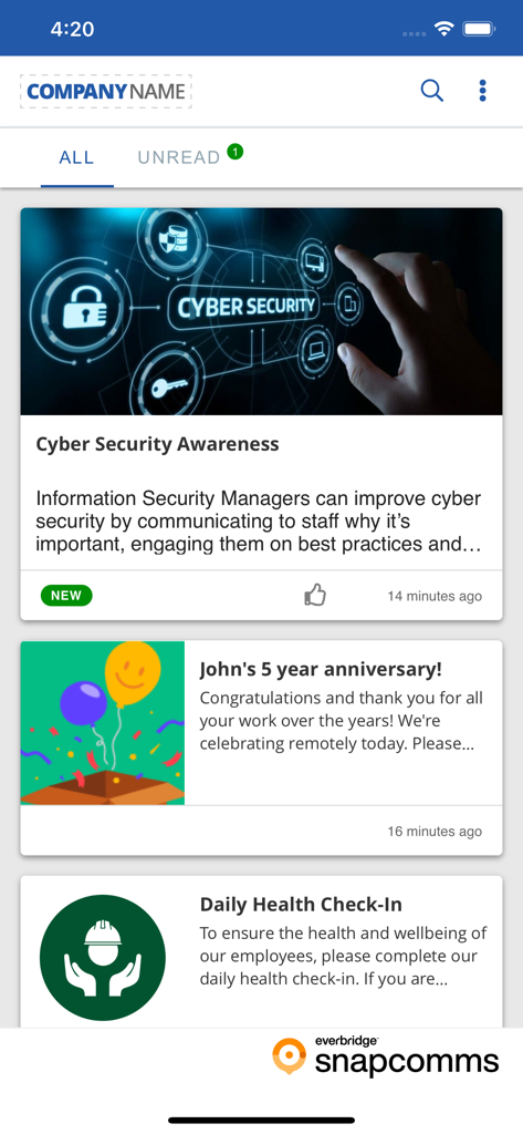 SnapComms mobile app interface displaying a news feed with company updates on cyber security work anniversaries and health check-ins