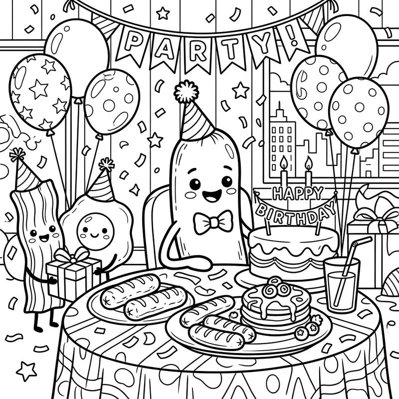 Get ready to celebrate with this delightful breakfast sausage birthday party coloring page! Join our cheerful sausage, bacon, and egg friends for a festive gathering complete with cake, balloons, and plenty of confetti.