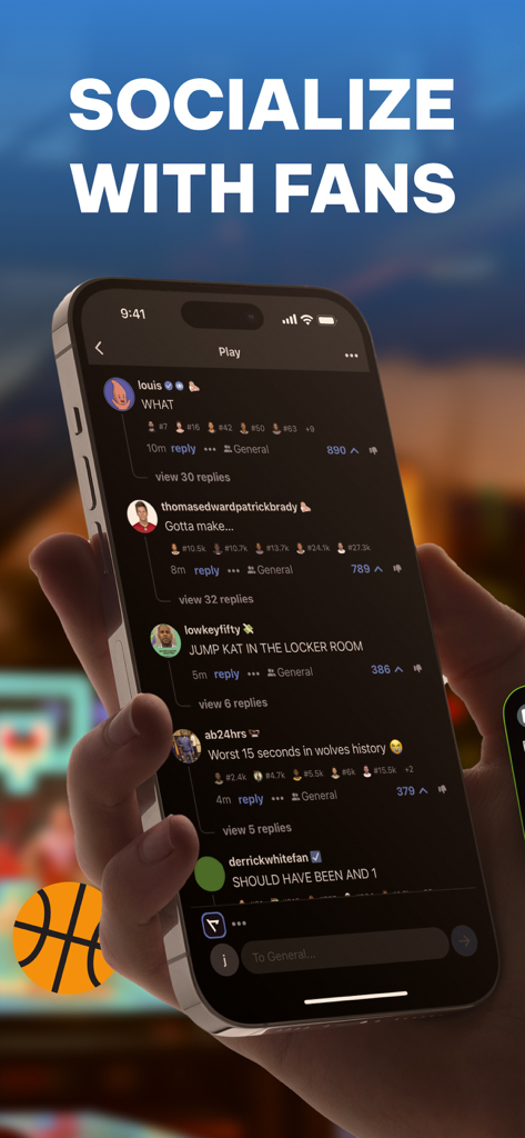 Real - Sports - Smartphone screen displaying the Real Sports app with a real time social feed of fan reactions to a live game