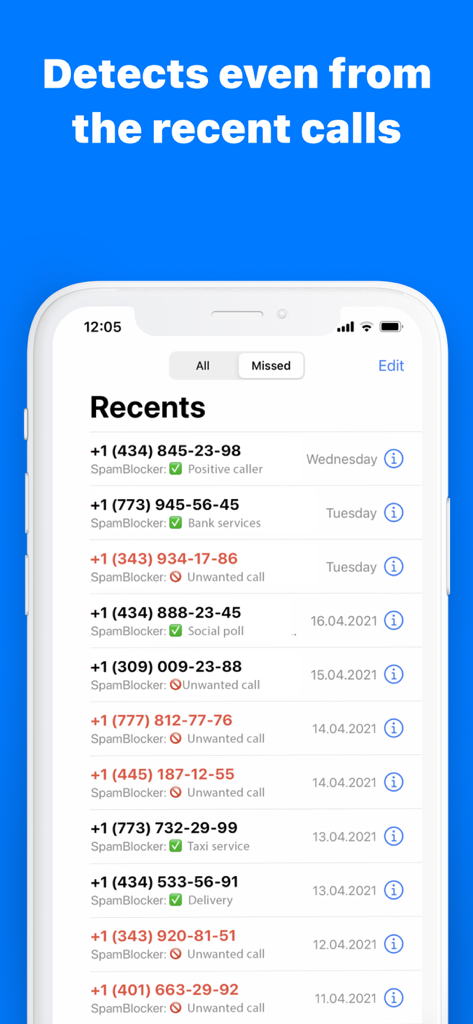 Spam Call Blocker Scam Shield - Interface of the Scam Shield app identifying and labeling callers in the recent calls history on an iPhone