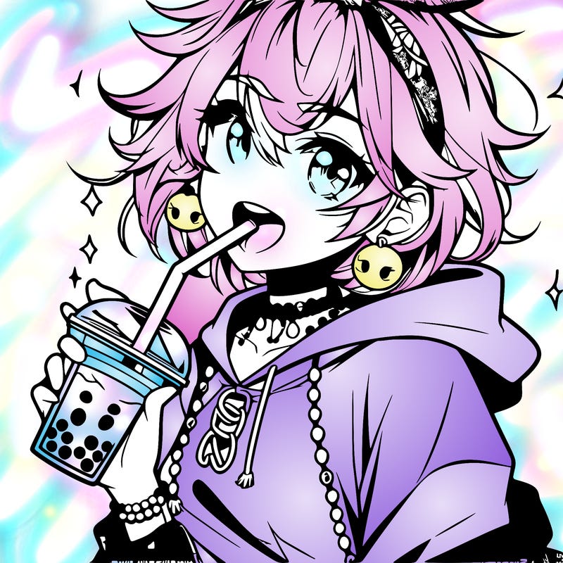 hot baddie anime girl drinking boba and biting the straw