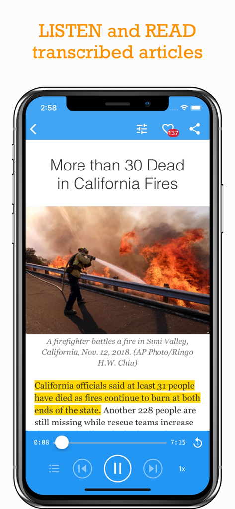 Learn American English Podcast - Interface of the Learn American English Podcast app showing a news article with a highlighted transcript and audio player