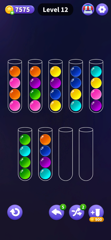 Color Ball Sort - Puzzle Games - Captura de pantalla del juego del puzzle Color Ball Sort mostrando varios tubos de cristal llenos de bolas de colores sobre un fondo azul oscuro