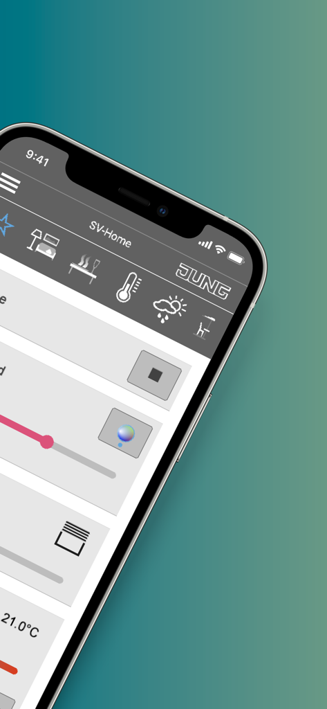 Smart Visu Server - Smart Visu Serverアプリのスマートフォンインターフェースに、照明や温度のKNXホームオートメーションコントロールが表示されています