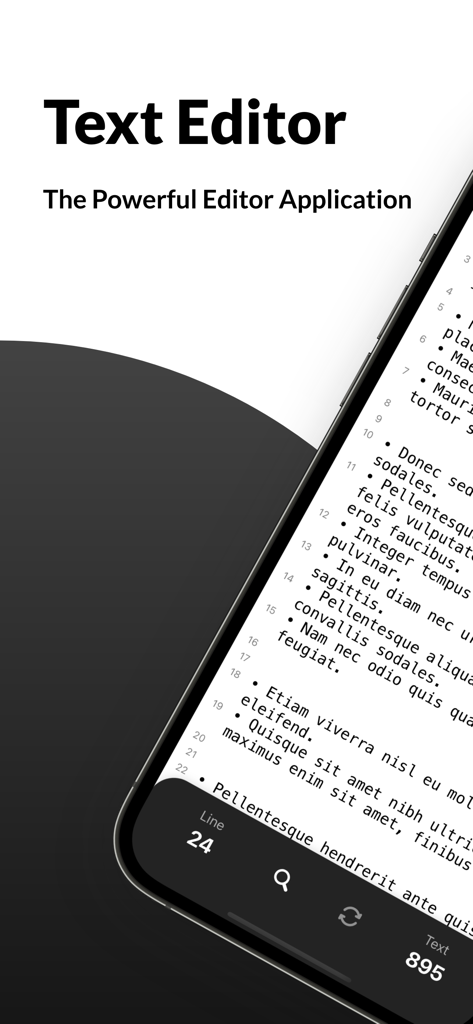 Text Editor - Document Editor - Text Editor app interface on an iPhone showing a document with line numbers and word count