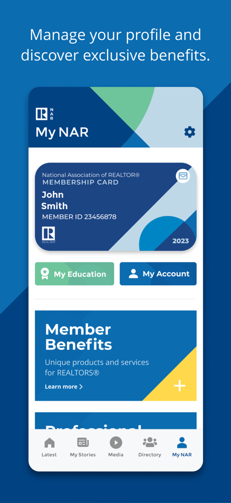 Tela do aplicativo NAR Mobile exibindo um cartão de associação digital REALTOR e acesso a benefícios e educação para membros.