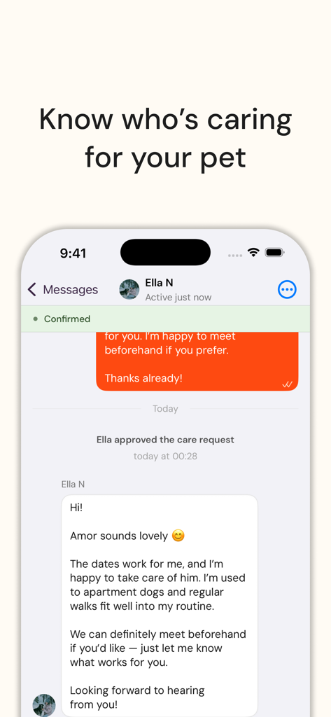 Pethotel - 펫 부모와 펫시터 간의 대화를 보여주는 펫호텔 앱의 직접 메시지 인터페이스