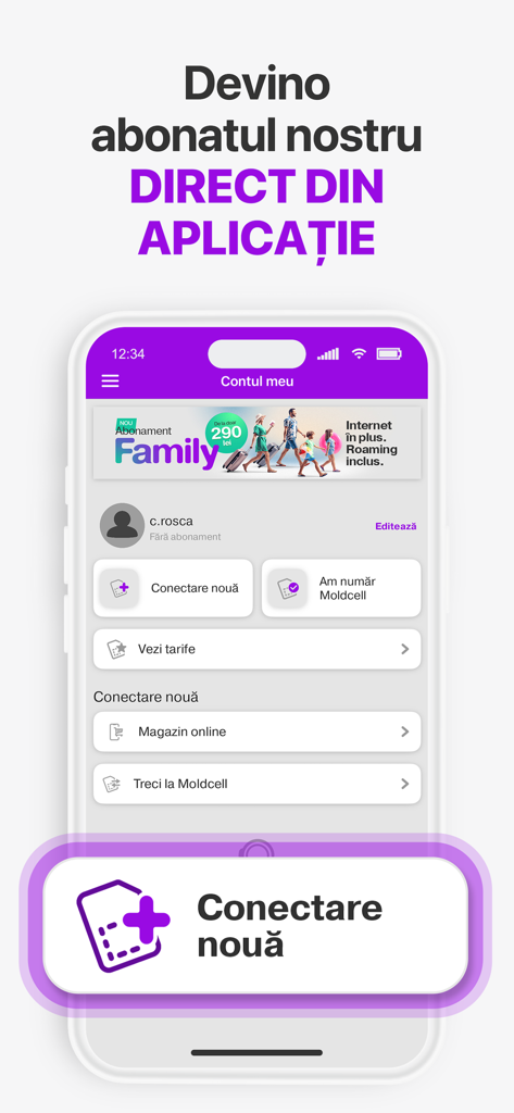 my moldcell - Interface of the my moldcell app in Romanian showing options for starting a new mobile connection or subscription.