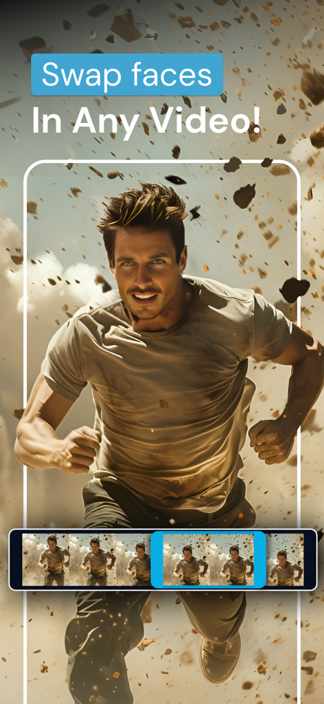 FaceFlip AI app interface demonstrating a realistic face swap in an action movie video scene