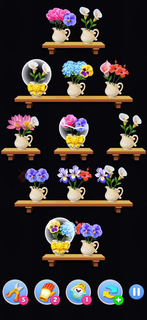 Happy Bloom Blast - Gameplay de quebra-cabeça de organização de flores com buquês coloridos em prateleiras