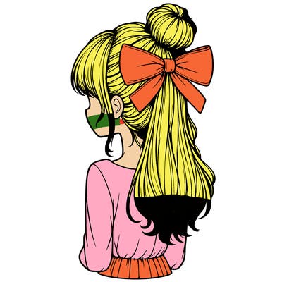 realistic girl  with hip length hair a bun and a big bow on the back of head