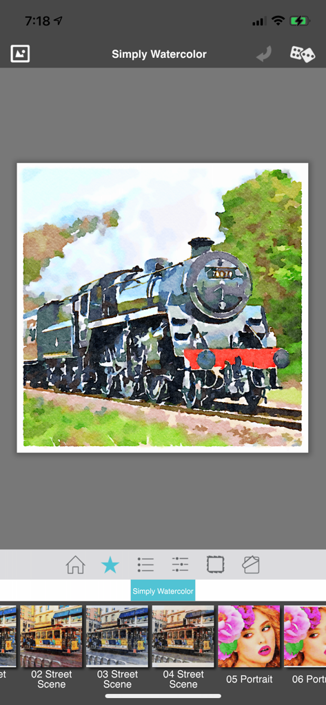 Interface de l'application Simply Watercolor montrant une photo d'une locomotive à vapeur convertie en peinture aquarelle numérique.