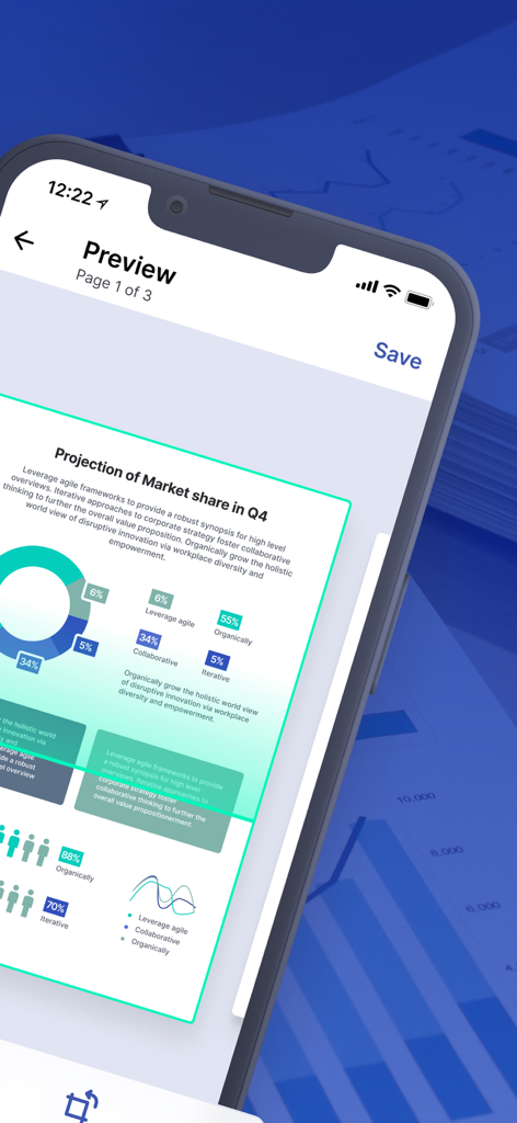 Easy Scanner Camera to PDF - Una pantalla móvil mostrando una vista previa de un informe de cuota de mercado comercial escaneado dentro de la aplicación Easy Scanner.