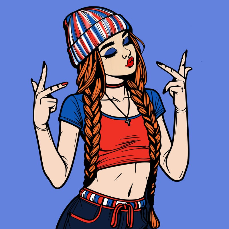 realistic teenage girl with braids and a beanie and crop top doing 🫶🏼