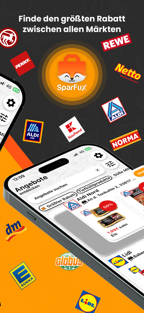 SparFuxアプリのプロモーション画面。AldiやLidlのようなスーパーマーケットのロゴと食料品のお得な情報が表示されている。