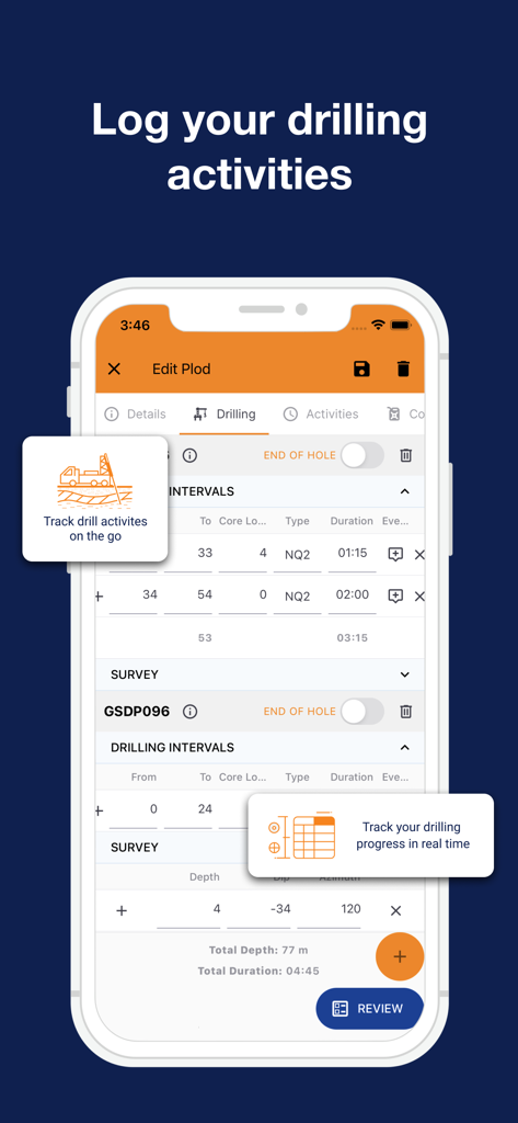 CorePlan - Interface of CorePlan app used to log drilling activities and track progress in real time on a smartphone