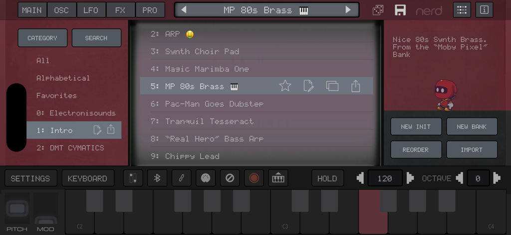 Preset browser interface of the NERD Synth A2x music app showing a list of professional synth sounds and a virtual keyboard.