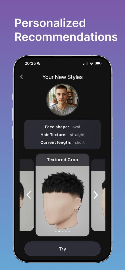 HairLabs app screenshot displaying personalized AI hairstyle recommendations for a user.