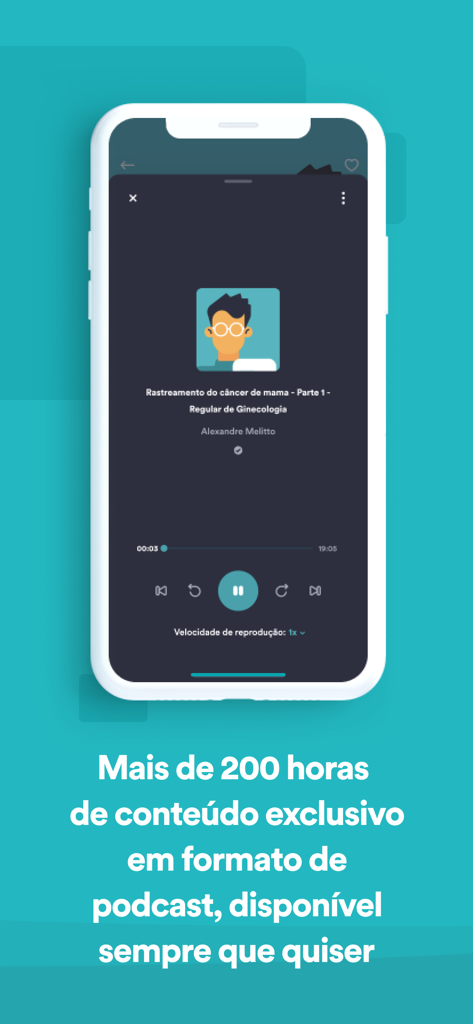 Mobile screen of Estratégia MED app displaying a medical podcast player with a gynecology lesson
