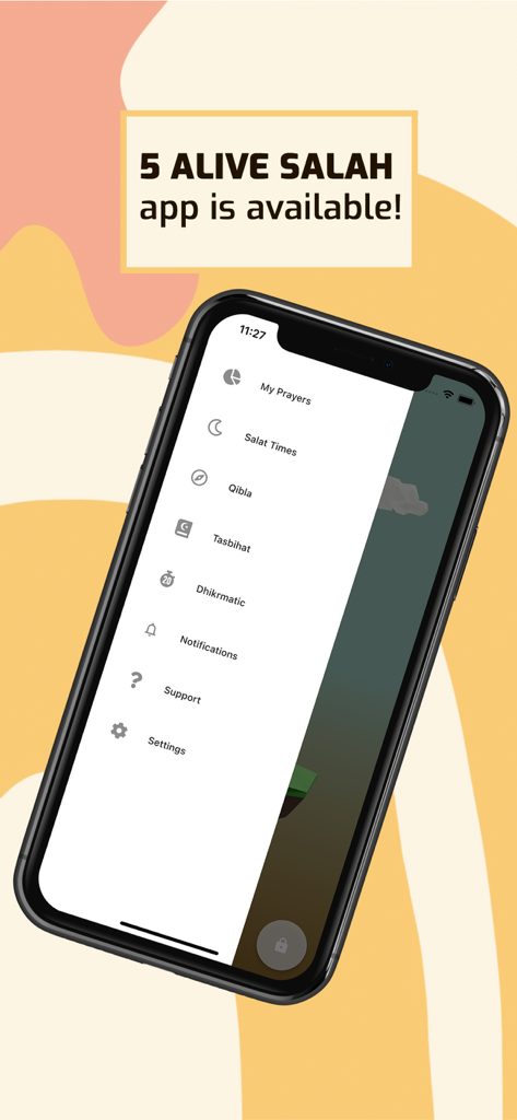 Smartphone displaying the side menu of the 5te5 Prayer Tracker app featuring Salat Times Qibla and Tasbihat options
