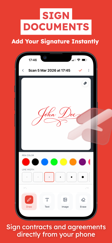 PDF Editor: Scan & Sign Doc - A mobile screen showing the signature feature of the PDF Editor app with pen color and line width settings.