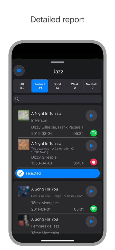 Detaillierter Bericht, der die Songübereinstimmung zwischen Spotify und Apple Music für eine Playlist-Übertragung zeigt