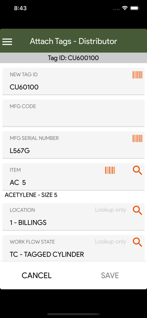 TIMS - TIMS app screen for attaching inventory tags to industrial cylinders.