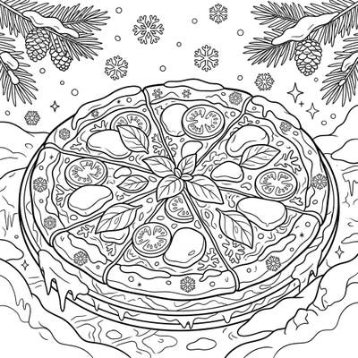 Experience the delightful fusion of a classic Margherita pizza and an enchanting winter scene with this unique coloring page. Perfect for a cozy coloring session, it brings together warm flavors and frosty fun.