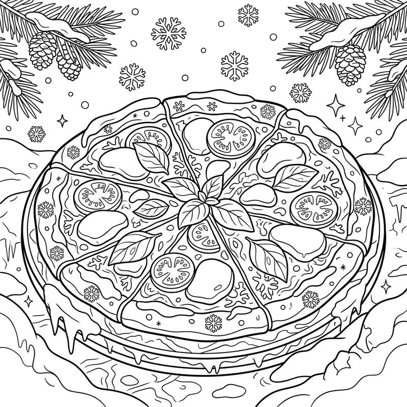 Experience the delightful fusion of a classic Margherita pizza and an enchanting winter scene with this unique coloring page. Perfect for a cozy coloring session, it brings together warm flavors and frosty fun.