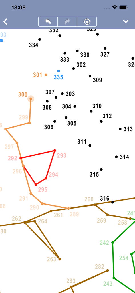 숫자로 된 점과 연결선을 보여주는 색칠 점 잇기 퍼즐의 게임 플레이 스크린샷