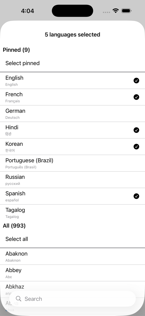 JWX app interface showing a list of languages to select and pin including English French and Hindi