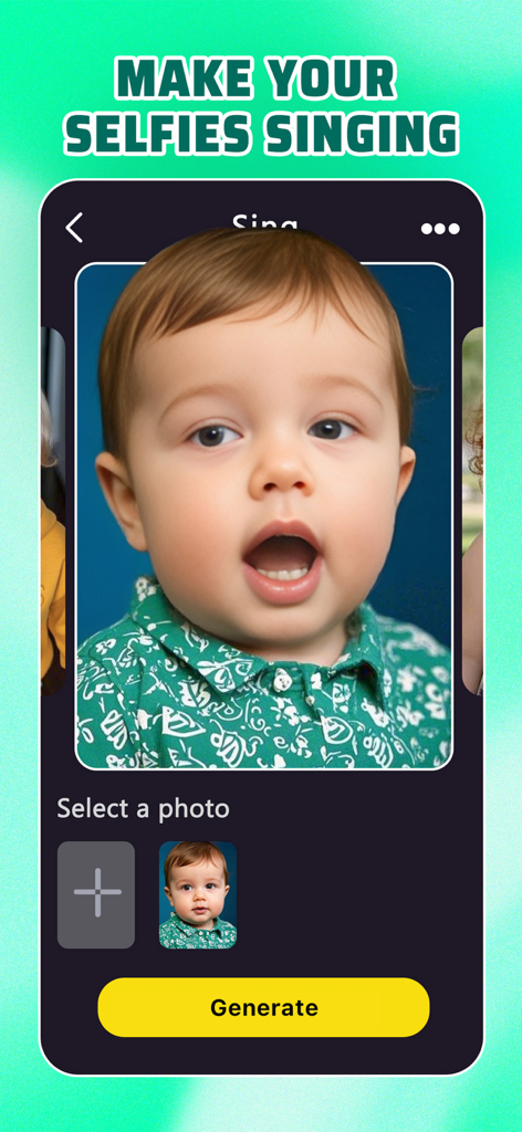 Animator app interface showing a toddler photo being animated to sing with a heading that says Make your selfies singing.