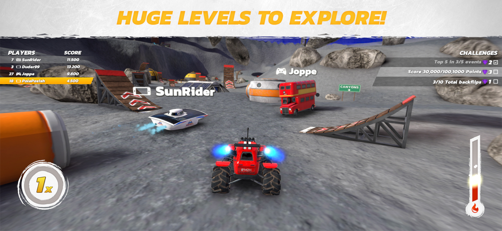 Crash Drive 3 - Un buggy rojo con llamas de nitro azules explora un nivel lunar con rampas y otros jugadores en Crash Drive 3