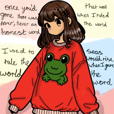 girl wearing frogging sweatshirt