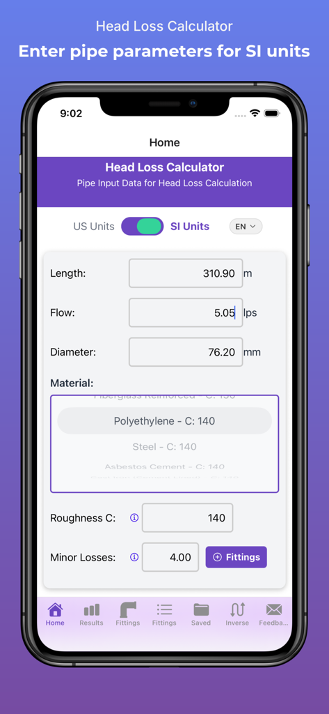 HydroCalc Plus - HydroCalc Plus app interface showing pipe head loss calculations using SI units