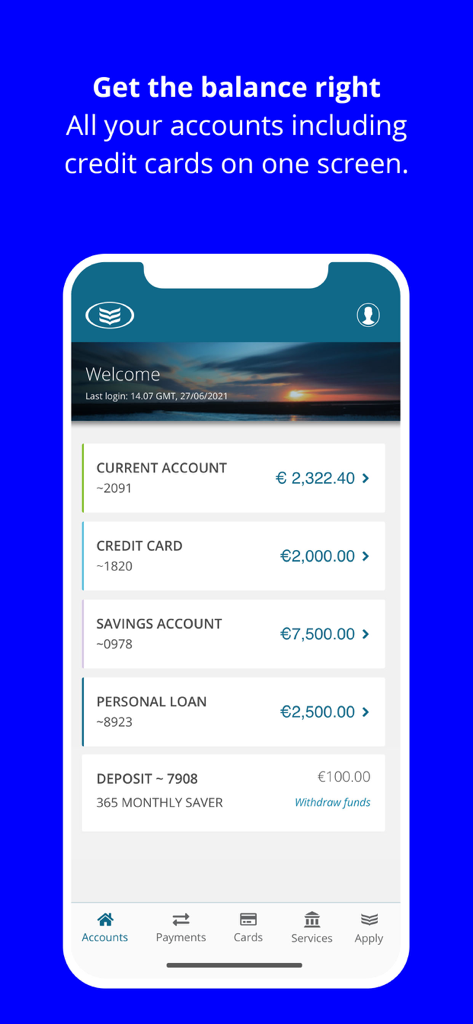 Bank of Ireland mobile app screen showing a summary of various bank account balances