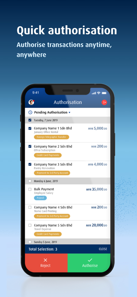 HLB ConnectFirst - HLB ConnectFirst mobile app interface for quick transaction authorisation showing pending business payments
