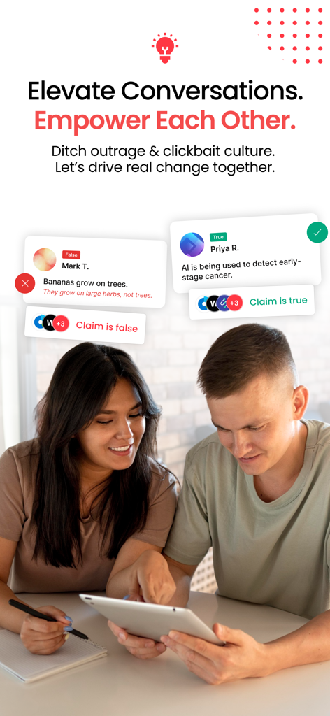 fseek - Two people looking at a tablet displaying true and false claim verification examples from the fseek app interface.