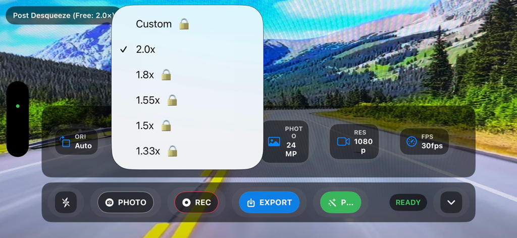 AnamorphicDesqueezer - AnamorphicDesqueezer app interface showing the selection of anamorphic desqueeze ratios from 1.33x to 2.0x over a landscape camera preview.