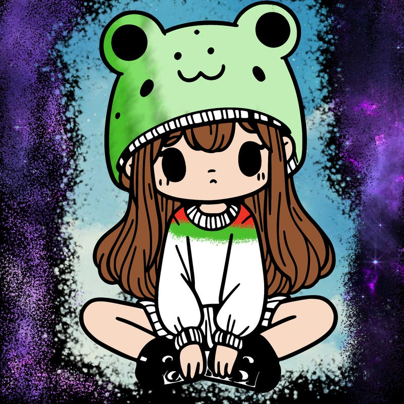 a girl wearing a frog hat and some frog socks