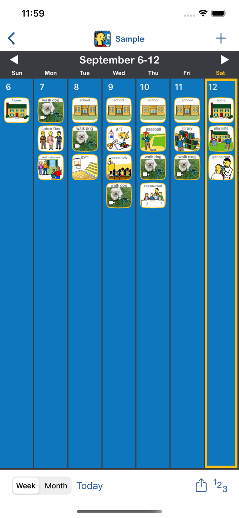 Choiceworks Calendar - Weekly view of the Choiceworks Calendar app showing a visual schedule with icons for daily activities like school and walking the dog