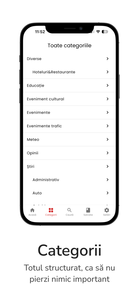 Écran de l'application epitesti montrant diverses catégories d'actualités comme la météo, l'éducation et les événements.
